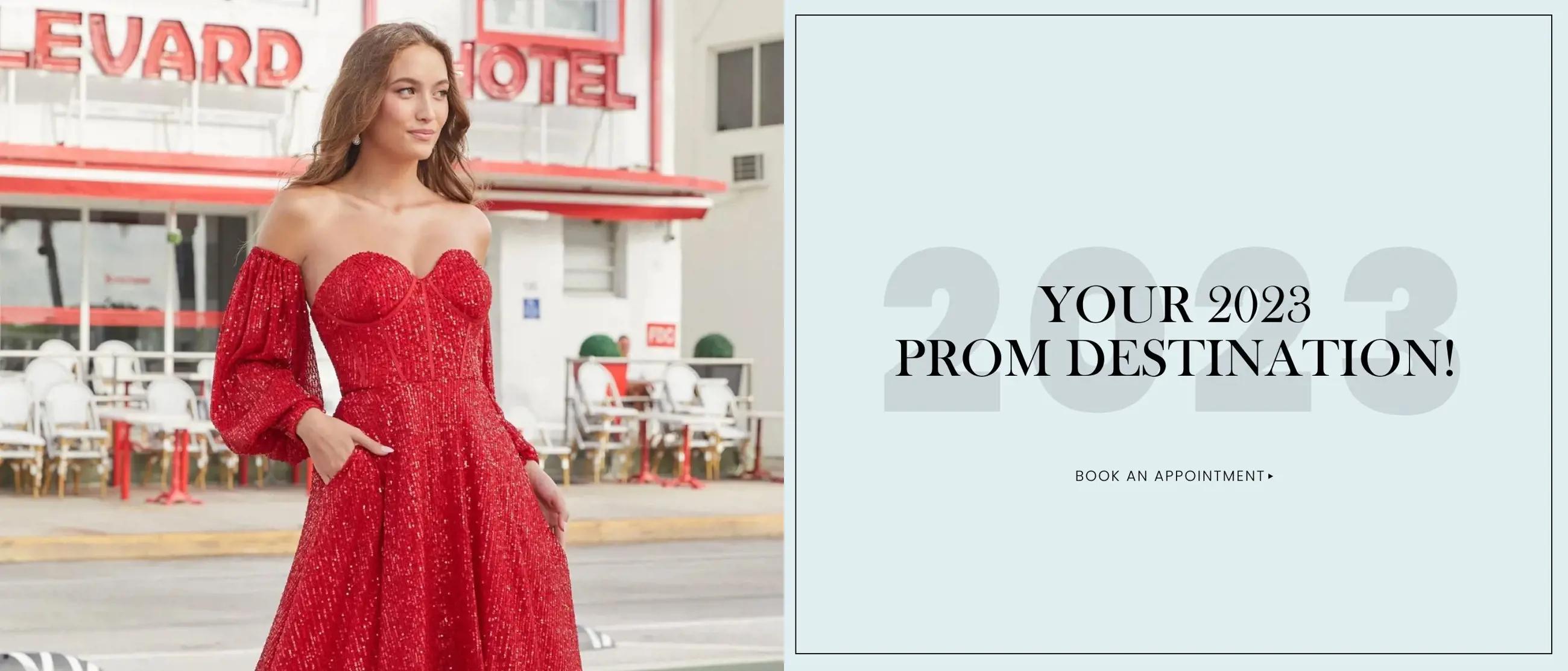 Model wearing red Amarra 2023 Prom Dress